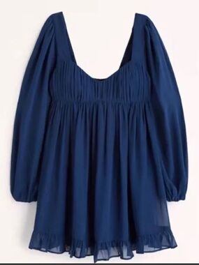 Abercrombie & Fitch Navy Blue Babydoll Long-Sleeve Smocked Mini Dress